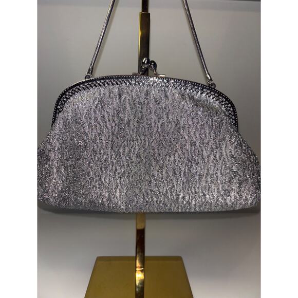 VTG Glam 50s 60s Retro Mod Silver Metallic Evening Bag Purse Clutch Retro Sparkl - Picture 4 of 6